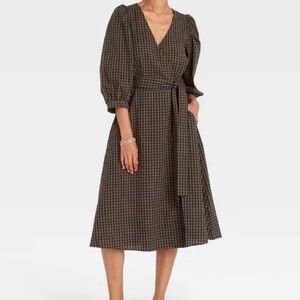 A New Day Olive green and navy gingham  Plaid faux Wrap Dress size large